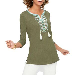 Talbots Embroidered Split Neck Tunic Top Sustainable Cotton Size XL